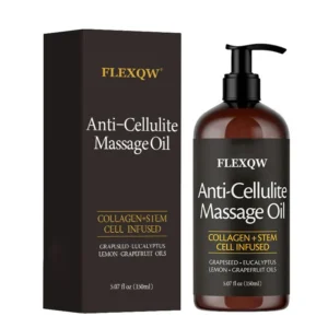 FLEXQW Anti-Cellulite Massage Oil 150ml with Grape Seed, Eucalyptus, Lemon, and Grapefruit Oils for skin tightening and hydration